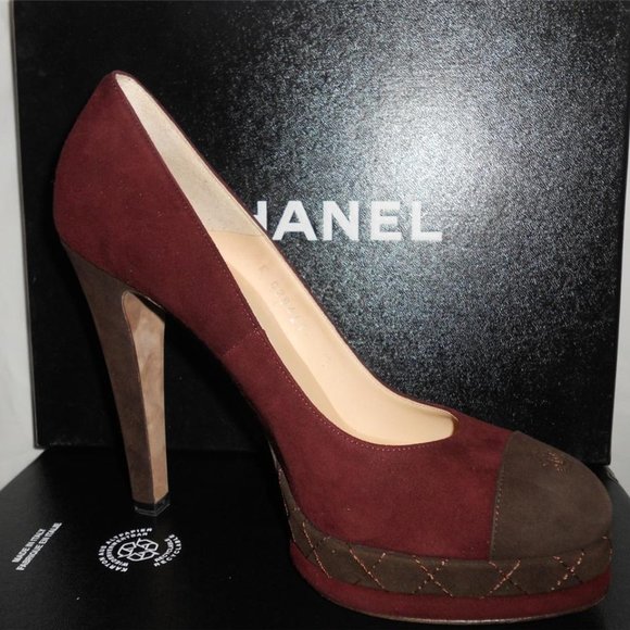CHANEL 12A Two Tone Suede Cap Toe Quilted Platform Pumps Heels Shoes - Picture 4 of 9